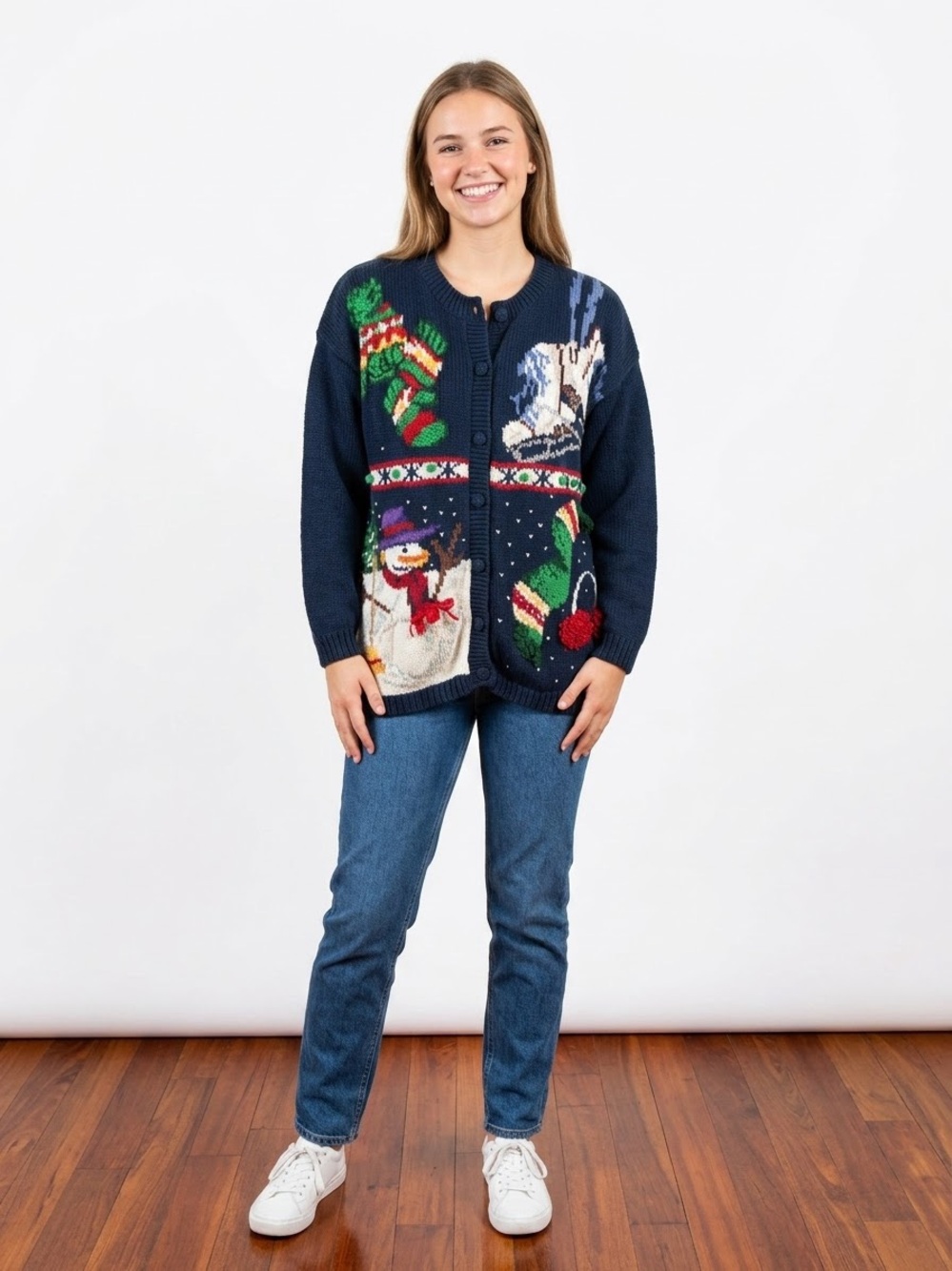 Tiara Navy Holiday Intarsia Cardigan with Red, Green & White Motifs